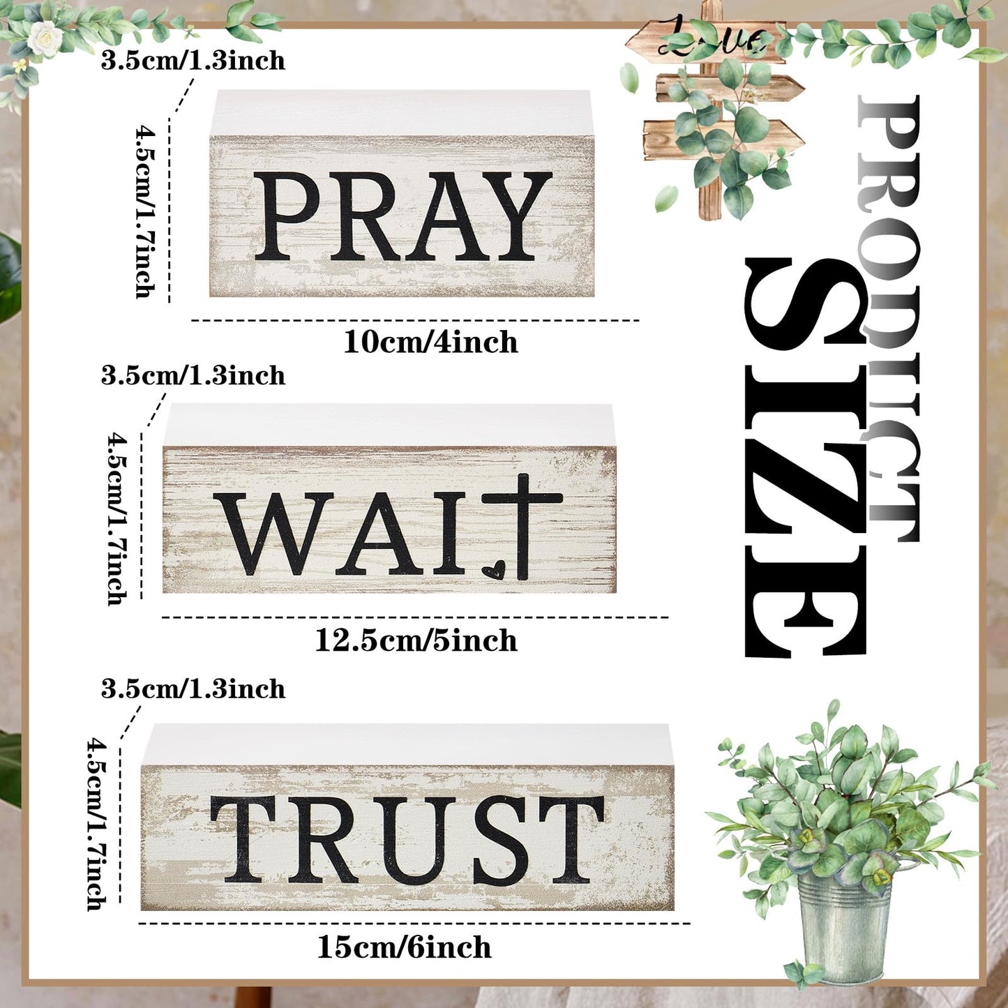 CroBlissful 4 Pcs Farmhouse Table Decor Christian Religious Gifts Bible Verse Decorative Sign Mother's Day Inspirational Pray Wait Trust Gifts Table Centerpiece for Home Kitchen Shelf Mantle