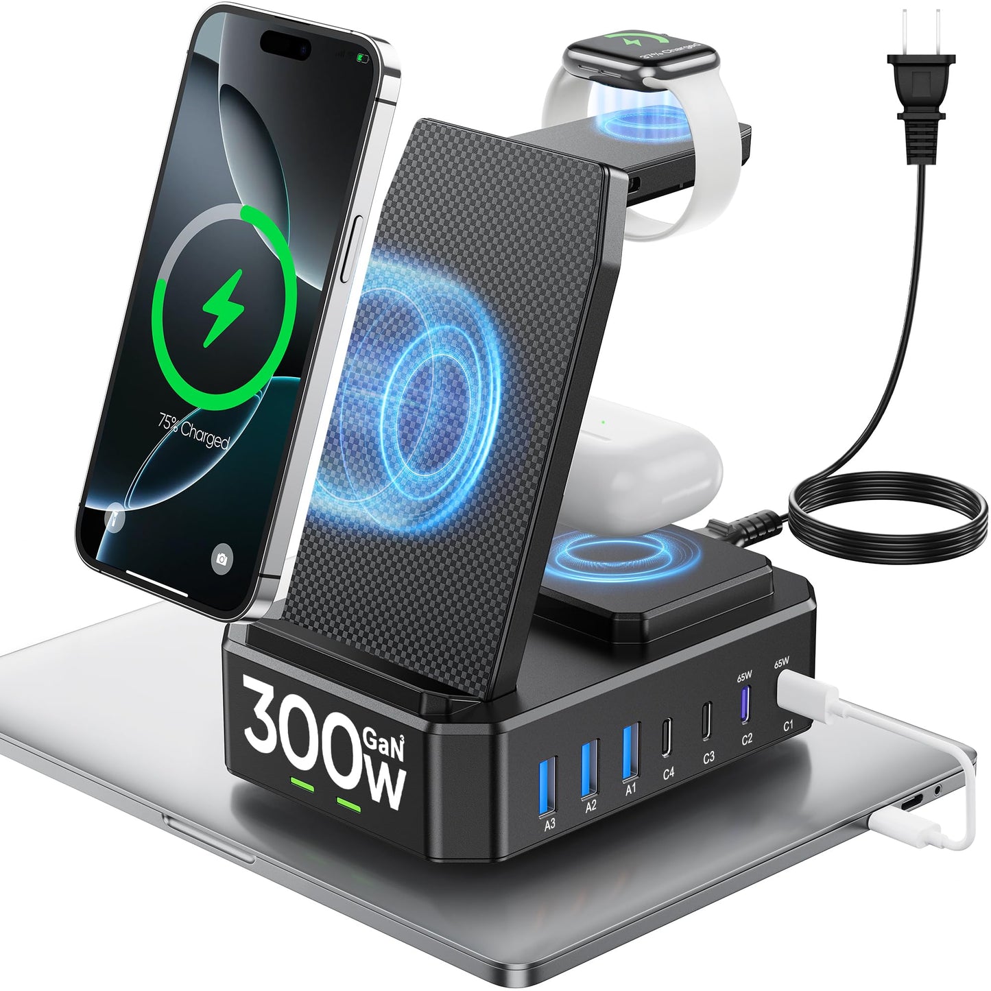 300W Charging Station for Multiple Devices Apple,10 in 1 Wireless Charger for iPhone,GaN III USB C 65W PD Fast Charging Stand Dock for MacBook,iWatch&Airpods (Wireless Charging Only for Apple)