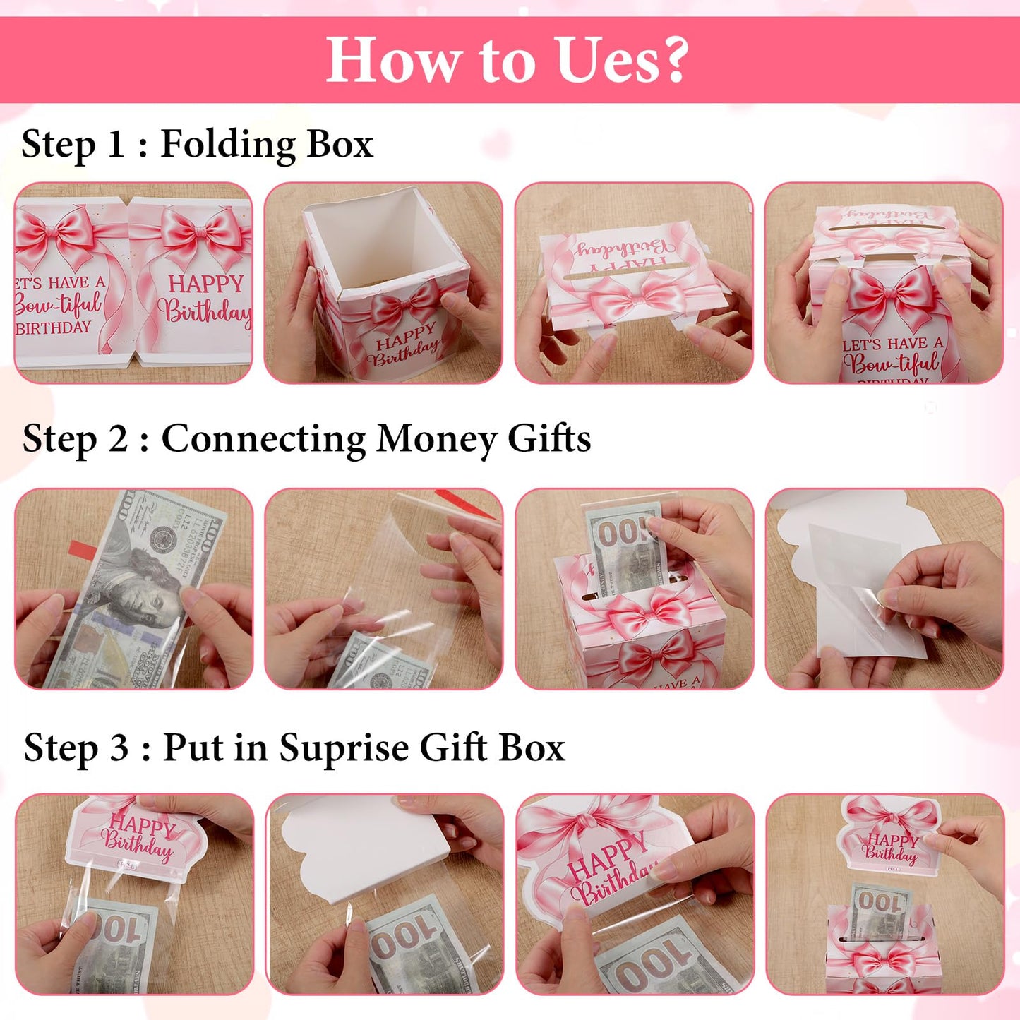 Ajcotahm Birthday Money Pull Box, Pink Bow Birthday Money Gift Box for Cash Birthday Surprise Boxes with 50 Transparent Bags Birthday Party Decorations for Women Girls