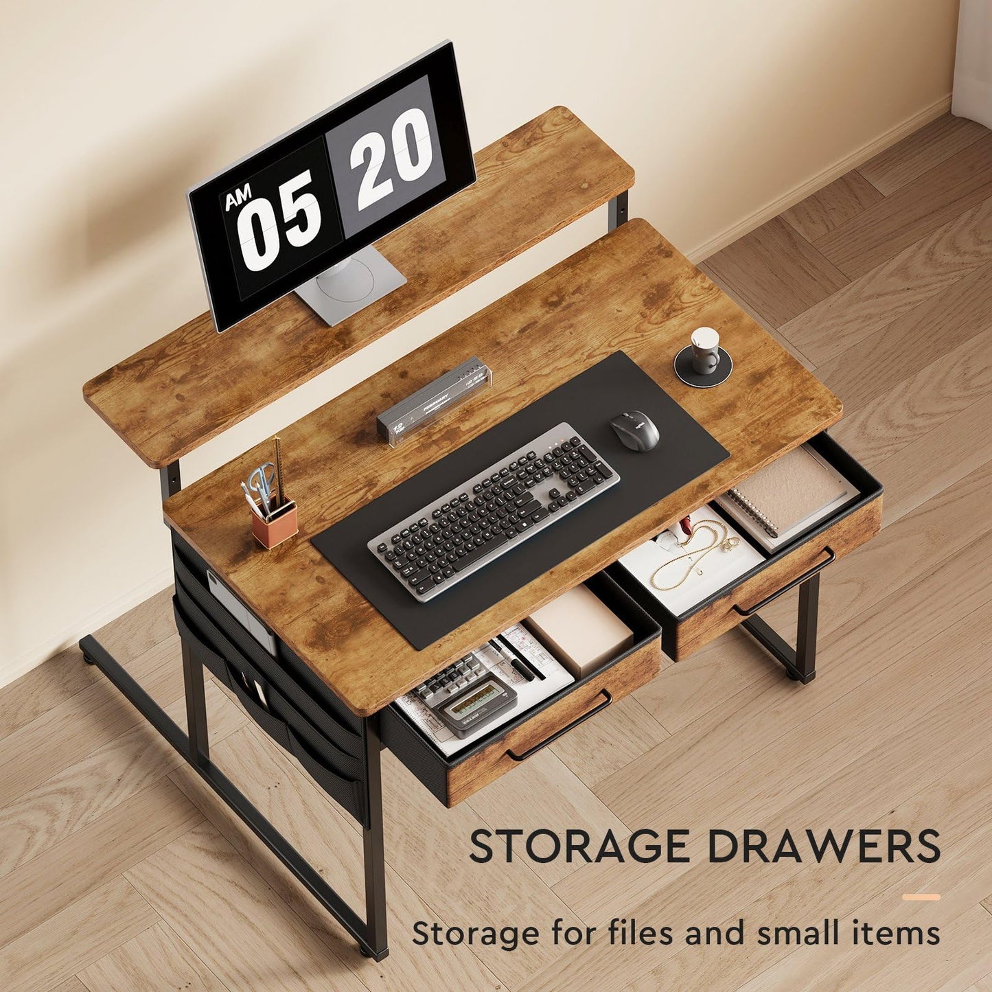 Maihail Small Desk with Drawers, 31.5X15.8-22.9 Inches Office Computer Desk with Side Pocket & Ergonomic Monitor Stand, Writing Table for Small Spaces, Bedroom, Kids Desk, Vanity Desk, Rustic Brown