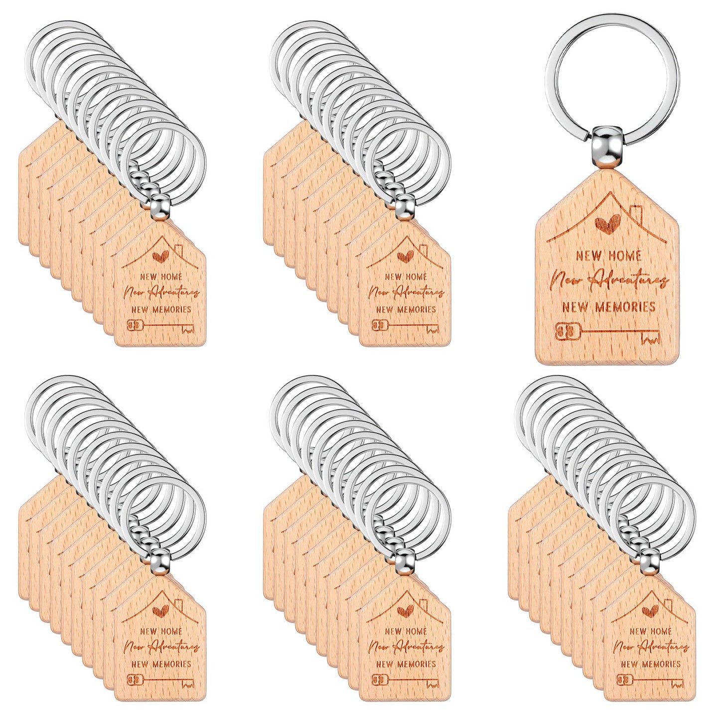 Ckhoid 50PCS New Home Keychain Bulk Welcome Home Keychain Gifts Wooden House Shaped Key Tag Move in Gifts Apartments House Key Chain for Family Client Buyer Customer