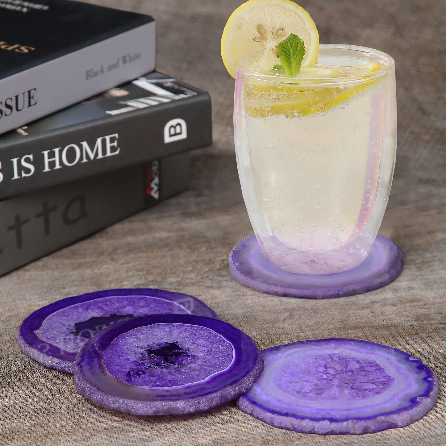 FOLKOR LIFE Purple Agate Coasters Set of 4, Natural Stone Drink Coasters with Unique Patterns, Decorative Table Coasters for Coffee Table, Bar or Desk, Housewarming Gift for Women, Friends or New Home
