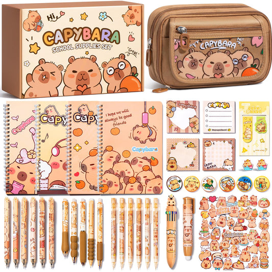 Kid School Supplies for Girl Age 5 6 7 8-12 13 14 Year Old, 36PCS Kawaii Tween Teen Girl Birthday Easter Gift Cute Capybara Stationery Set w/Pencil Case Gel Pen Pencil Sticker Notebook Sticky Note