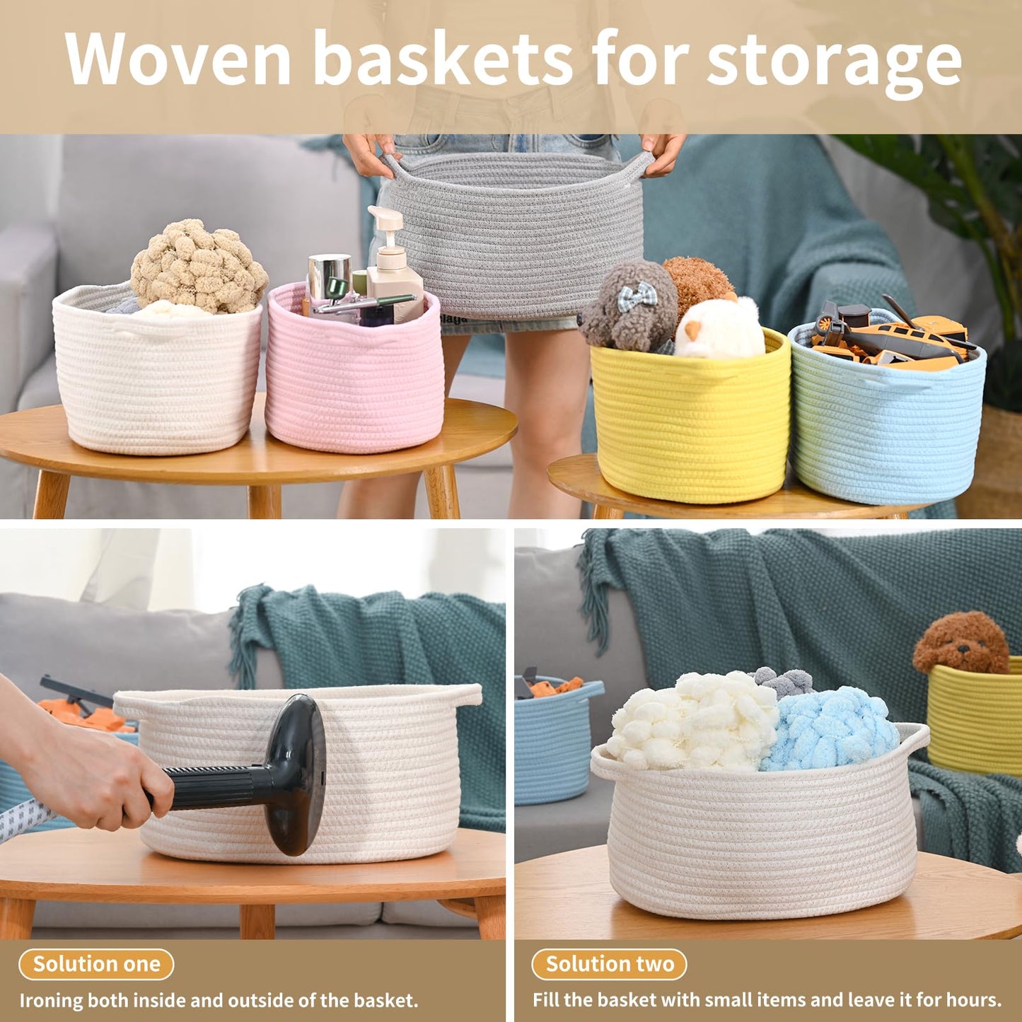 Happyiren Cute Woven Cotton Rope Basket with Handle Empty Decorative Gift Basket for Baby Shower, Graduation, Mother's Day, Nursery Storage 13" Dia x 6" H