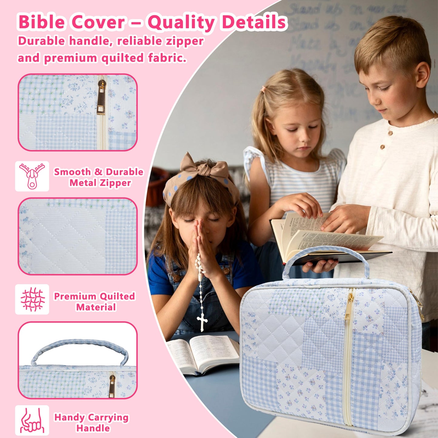 CasaRovela Bible Cover for Women, Large Quilted Case with Handle, Durable Bag and Carrying Case for Girls, Study Supplies Accessories, Christian Gift for Women (Blue Spliced Flower, Large)