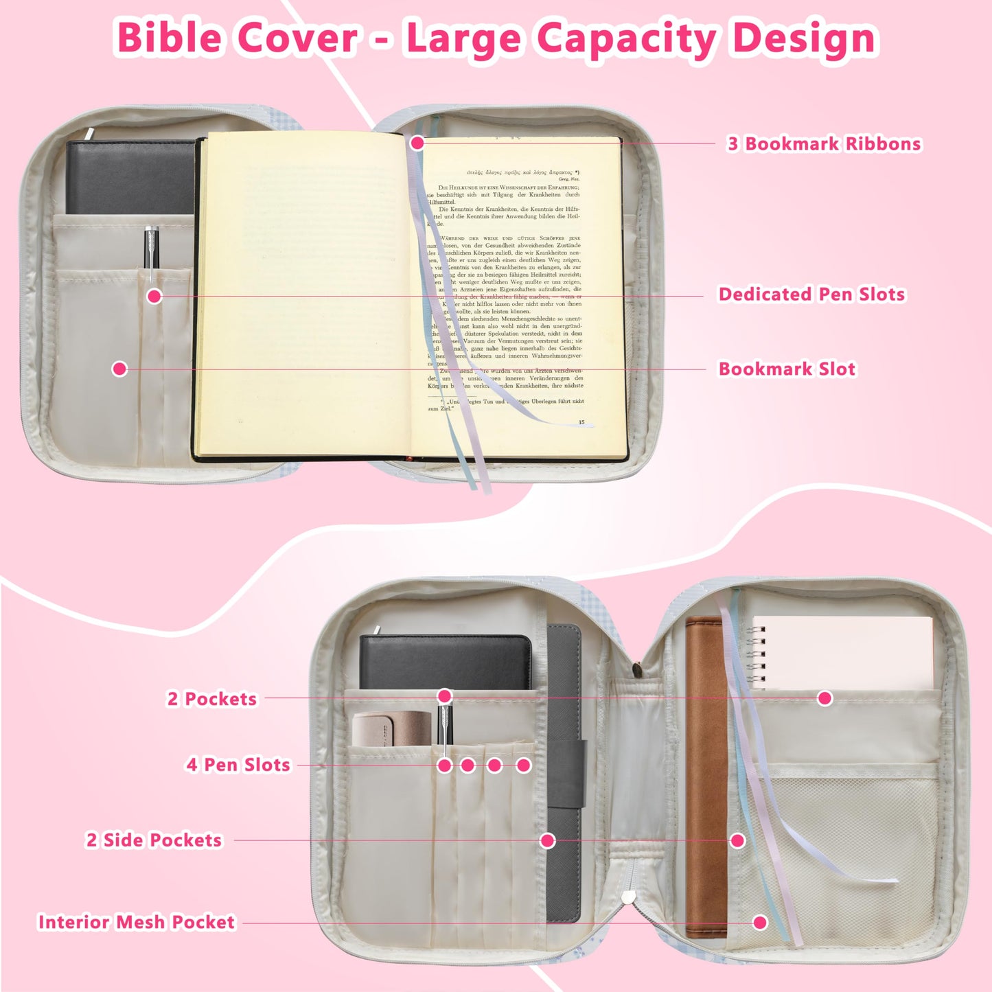 CasaRovela Bible Cover for Women, Large Quilted Case with Handle, Durable Bag and Carrying Case for Girls, Study Supplies Accessories, Christian Gift for Women (Blue Spliced Flower, Large)