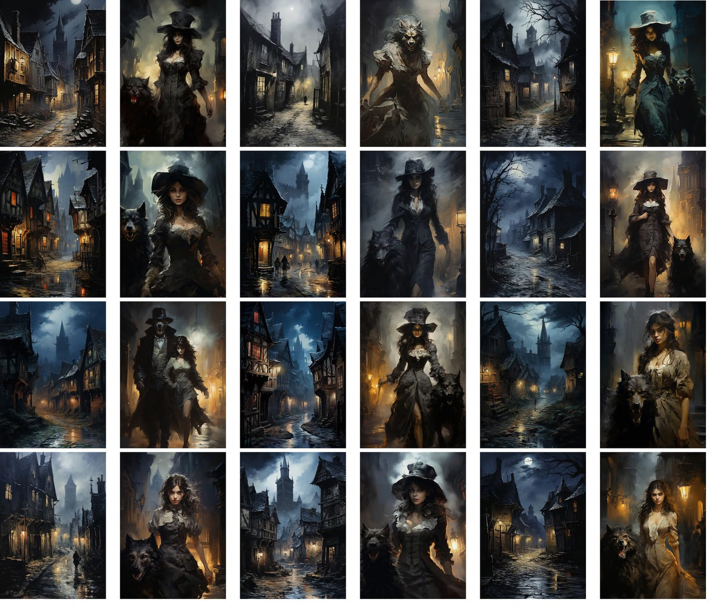 Large Stickers 24 pcs (2.5"x3.5" Each) Spooky Witches with Werewolf Walking The Streets at Night Victorian Town Vintage Halloween Postcards Retro Greeting Card Book Illustration Reprint