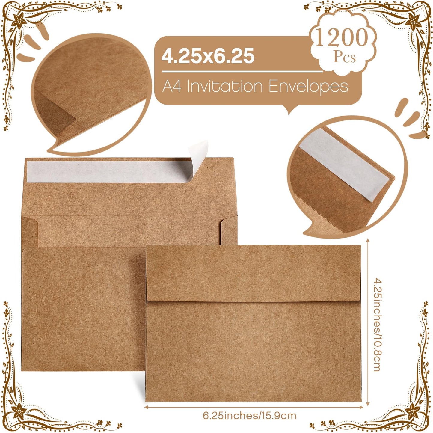 Fainne 1200 Pack Brown Envelopes Bulk, Kraft Envelopes for Invitation, 120 GSM Gift Card for Office, Gift, Party, Baby Shower, Wedding (A4,4.25 x 6.25")