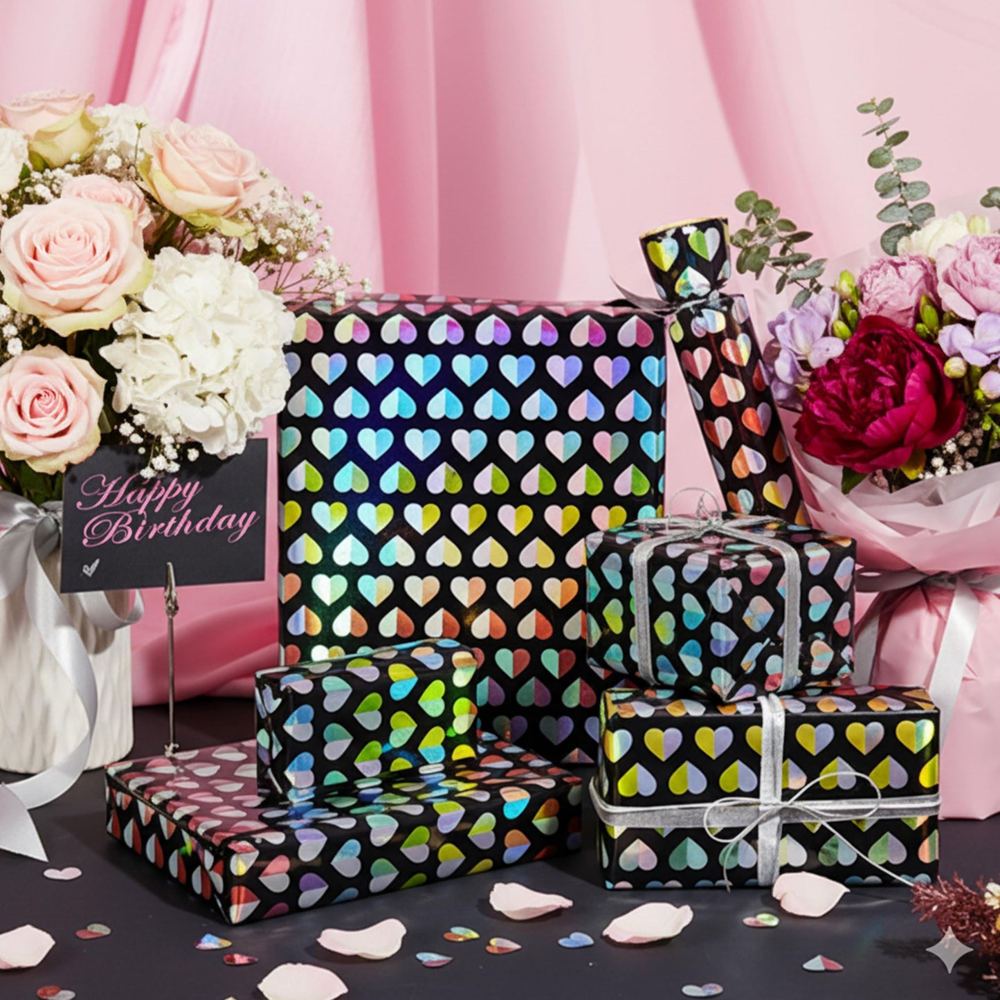 LUVONA Rainbow Heart Wrapping Paper – Black Kraft, Mini Roll 17 inch x 33 feet – Colorful Foil Gift Wrap for Valentine’s, Wedding, Birthday