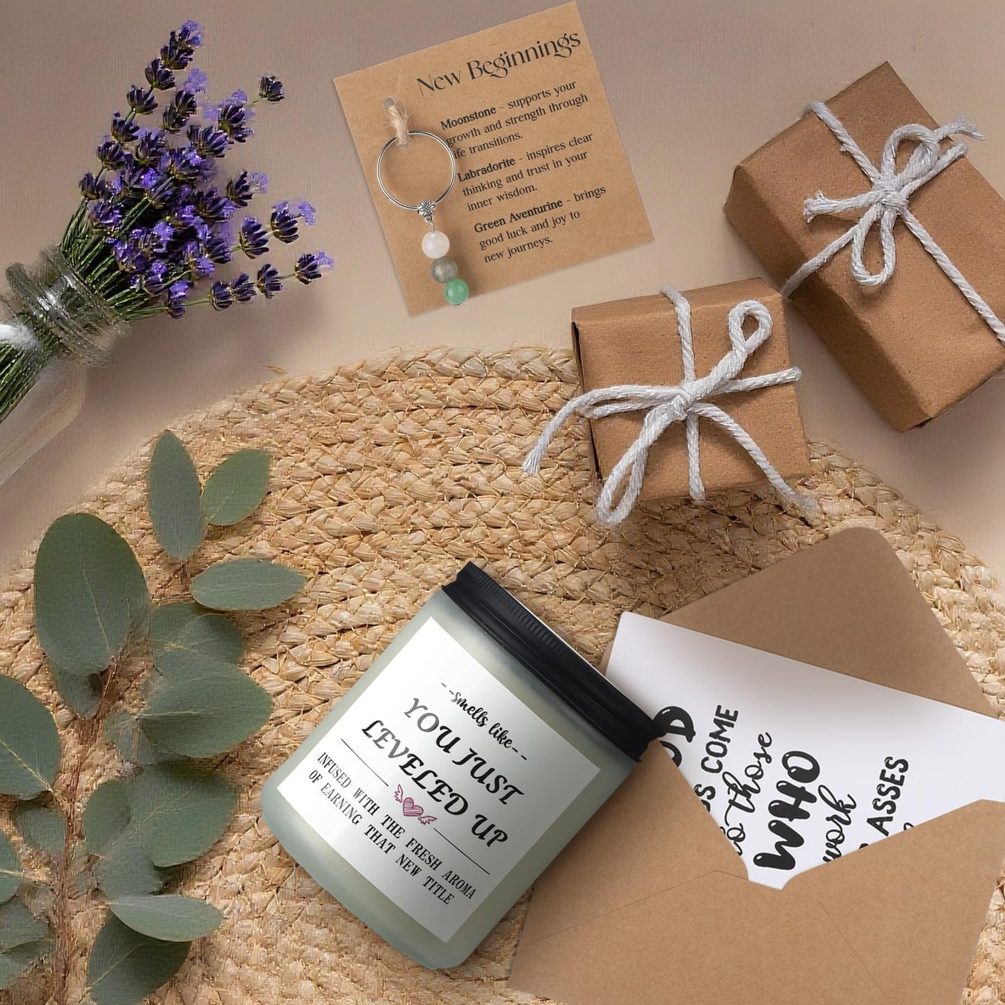 Lounsweer New Beginnings Gifts for Women Farewell Gifts for Coworkers Funny Promotion Gift Set for Women Men Include Candle, Key Chain and Card for Coworker, Gamer, Friend, Boss, Teachers, Nurses