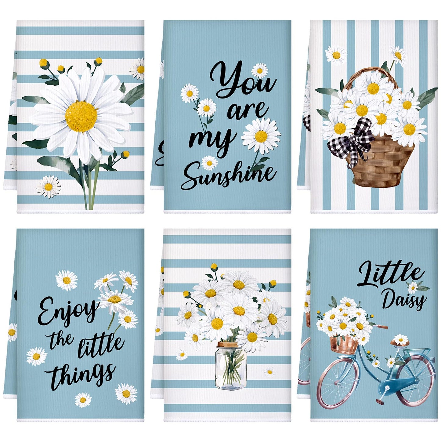 Boyiee Set of 6 Daisy Flower Kitchen Towels Daisy Stripes Tea Towels Floral Absorbent Dishtowels 24 x 16 Inches Housewarming Gifts Blue Hand Wash Cloth for Farmhouse Kitchen Bathroom Decorations
