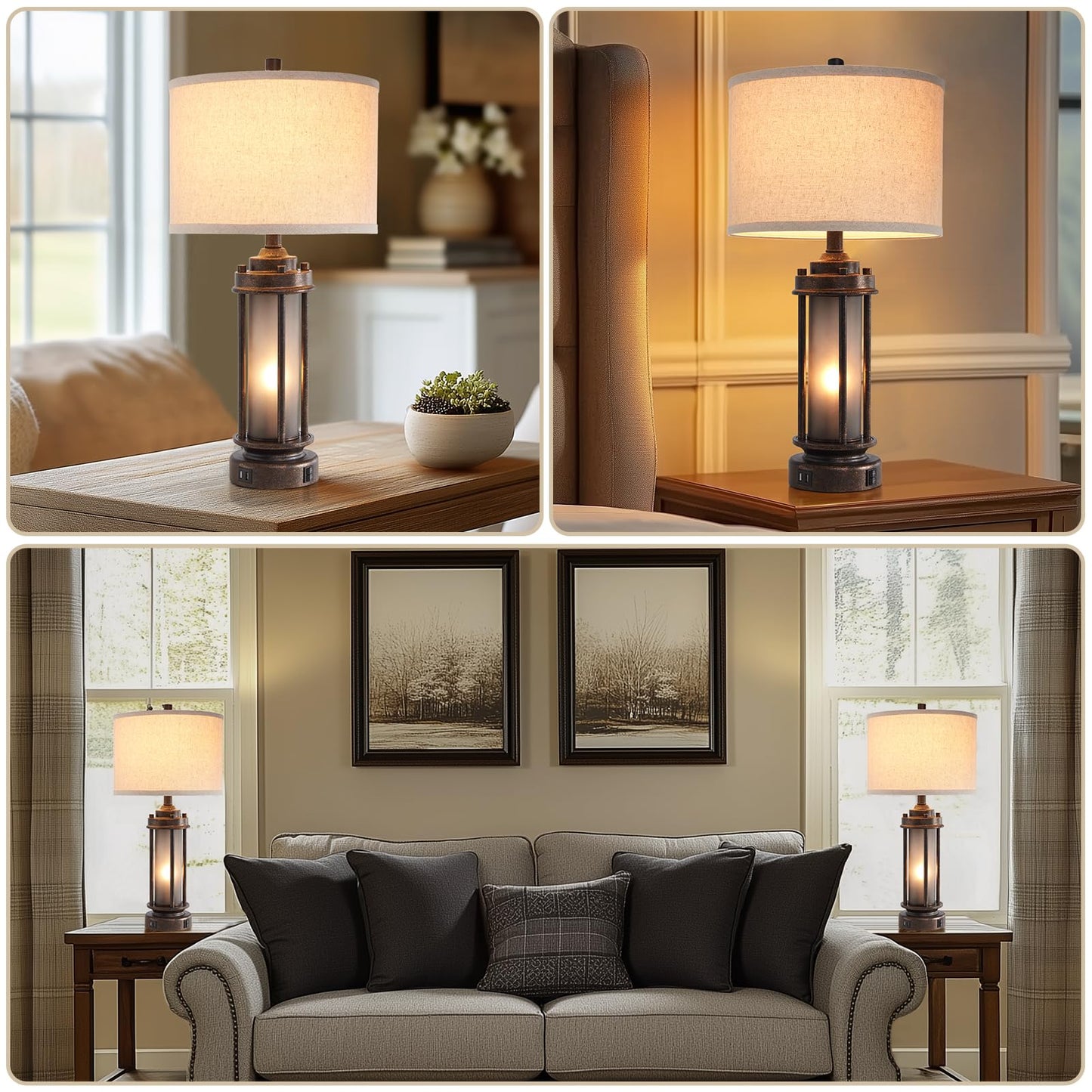 25'' Farmhouse Table Lamp with 2 USB Charging Ports, Rustic Vintage Nightstand Lamp with Frosted Glass Nightlight, Retro Desk Lamp for Living Room Bedroom End Table Entryway, 2 Bulbs Included