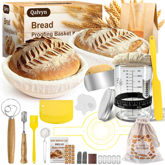 Sourdough Starter Kit,Sourdough Bread Baking Supplies, 9" Round and 10" Oval Banneton Bread Proofing Basket Set with Glass Sourdough Starter Jar, Sourdough Bread Making Tools Gifts for Women Wife Mom