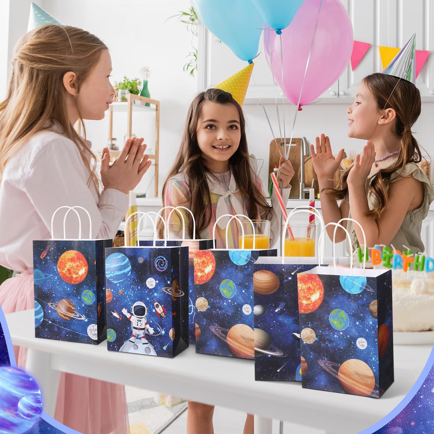 Gaillty 24 Pcs Outer Space Party Favor Bags Galaxy Goodie Gift Bags with Handles Kraft Paper Solar Treat Candy Totes for Astronaut Science Themed Birthday Party Supplies Decorations