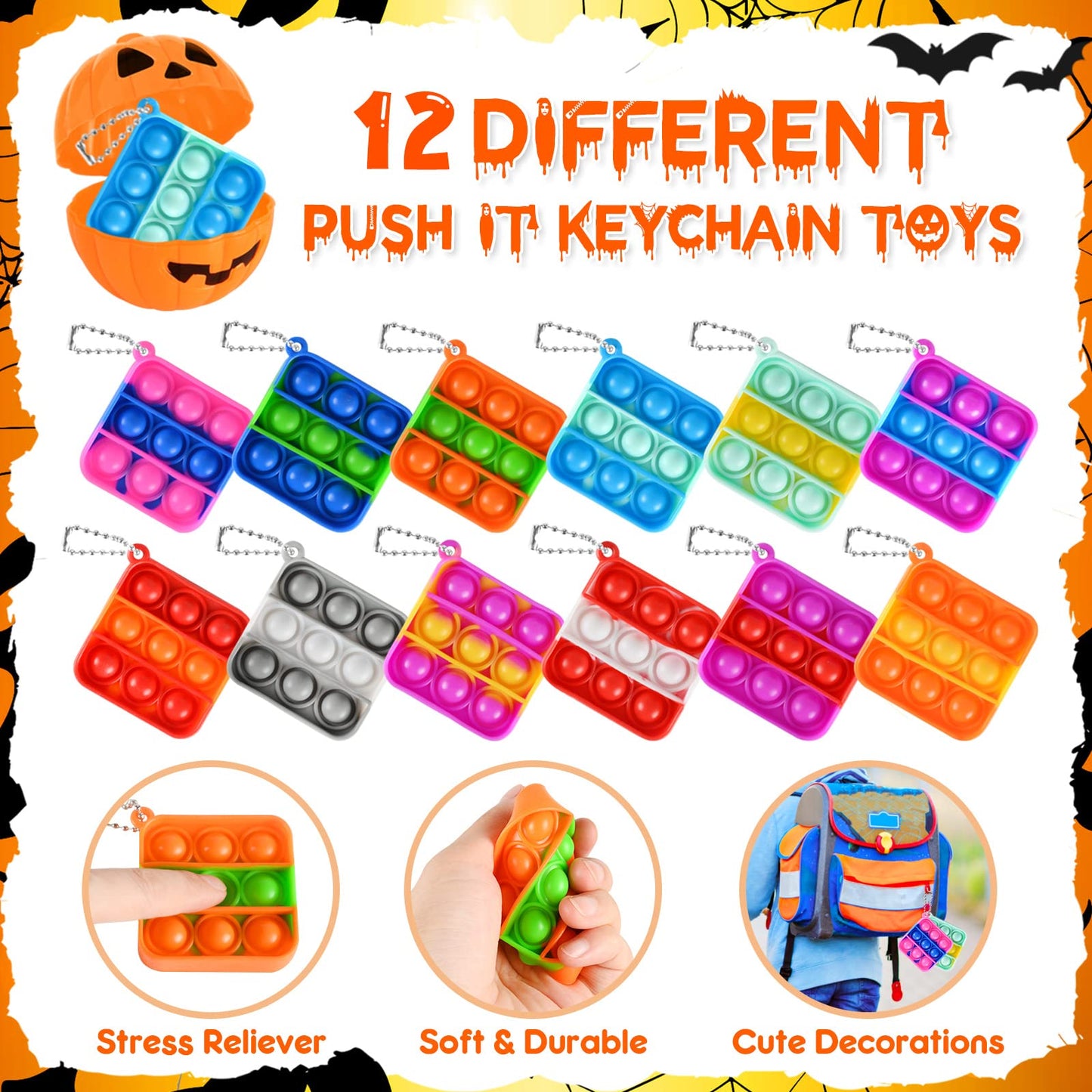48 Halloween Toys Pack with Pumpkin Box, Halloween Party Favors Gifts for Kids, Squishy Mochi Toys in Bulk with Bubble Push it Keychain, Halloween Treat Bags Fillers, Trick or Treat Classroom Prizes