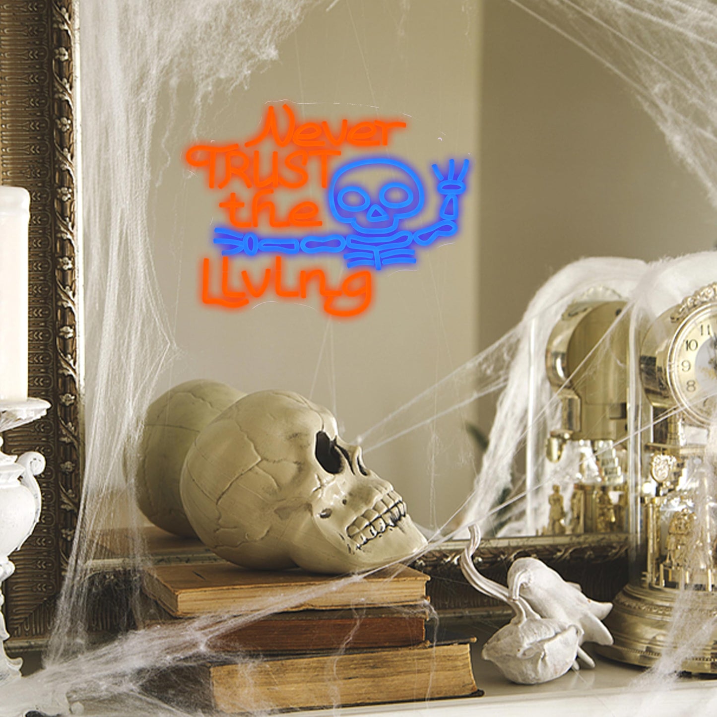 LISIGNVE Never Trust The Living Neon Sign Halloween Led Neon Light for wall Decor Skeleton Light Up Sign for Halloween Party Spooky Home Chamber of Secrets Horror Theme
