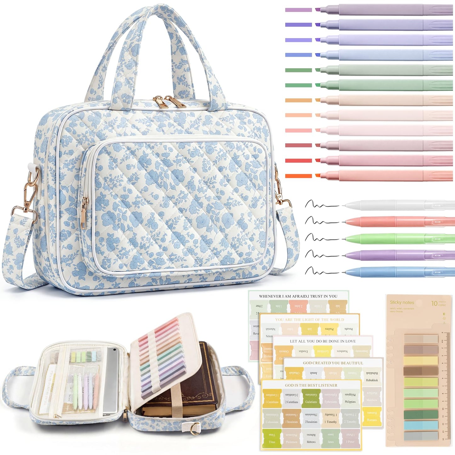 Bible Bag for Women, Large Bible Cover Case with Study Supplies,Girls Carrying Case with Highlighters, Pens, Bible Tabs, Sticky Notes, Christian Gifts for Girls, Mom, Easter Mothers Day Religious Gift