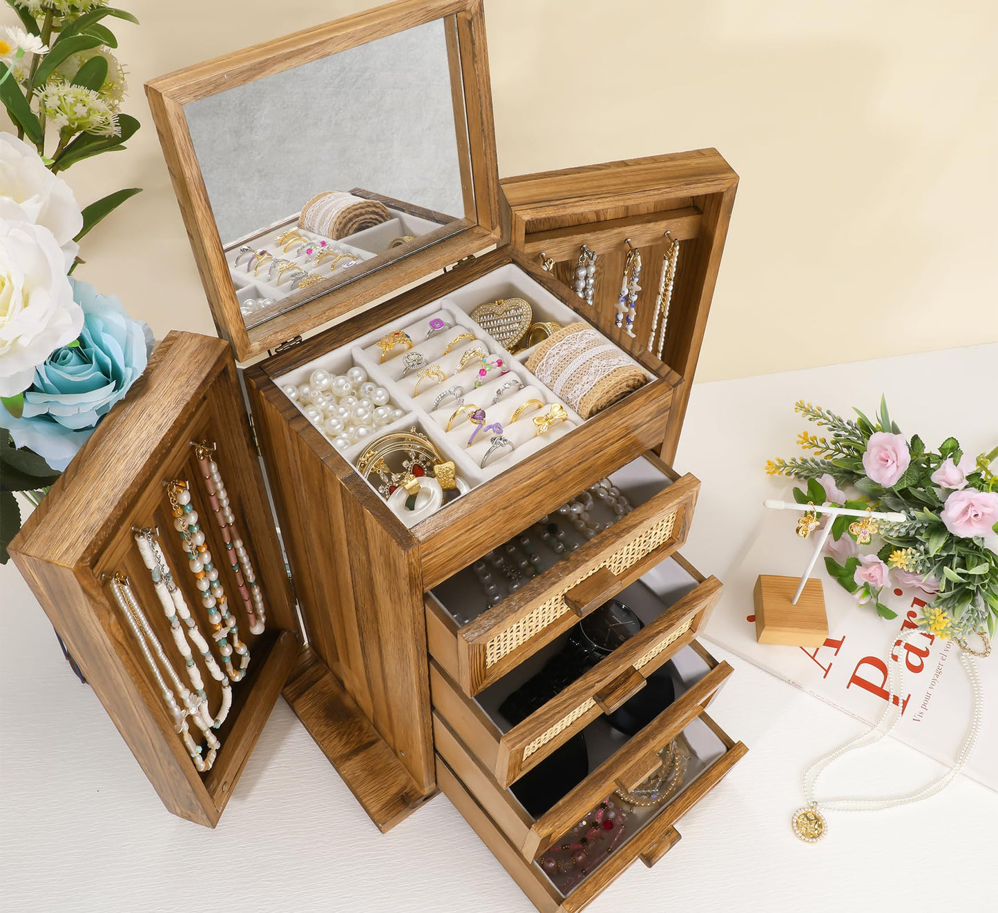 Jewelry Organizer, Rattan Jewelry Box, 5 Layer Wooden Jewelry Organizer Box with Mirror, Jewelry Boxes with 4 Drawers for Women Men, Jewelry Storage for Rings Earrings Necklaces Bracelets Watch