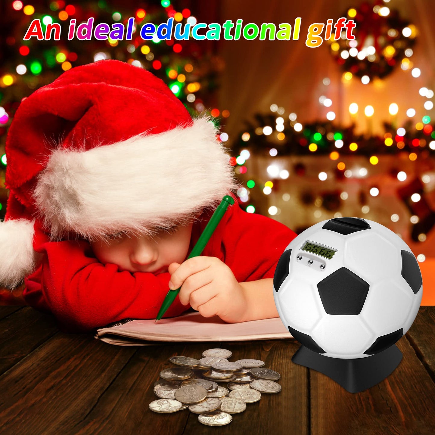 MOMMED Piggy Bank for Boys,Digital Bank,Soccer Ball Piggy Bank,Soccer Gifts for Boys,Coin Bank with Football Look,Coin Bank with Automatic LCD Display(Small)