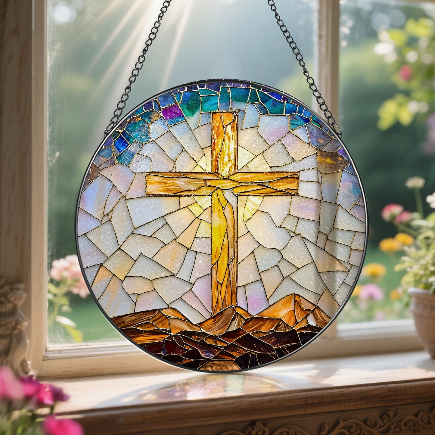 8-Inch Catholic Cross Stained Glass Suncatcher, Stained Glass Window Hanging, Religious Ornament, Christian Home Decor, Sun Catcher Window Decor — Gift for Christmas, Christian Gifts, Religious Gifts