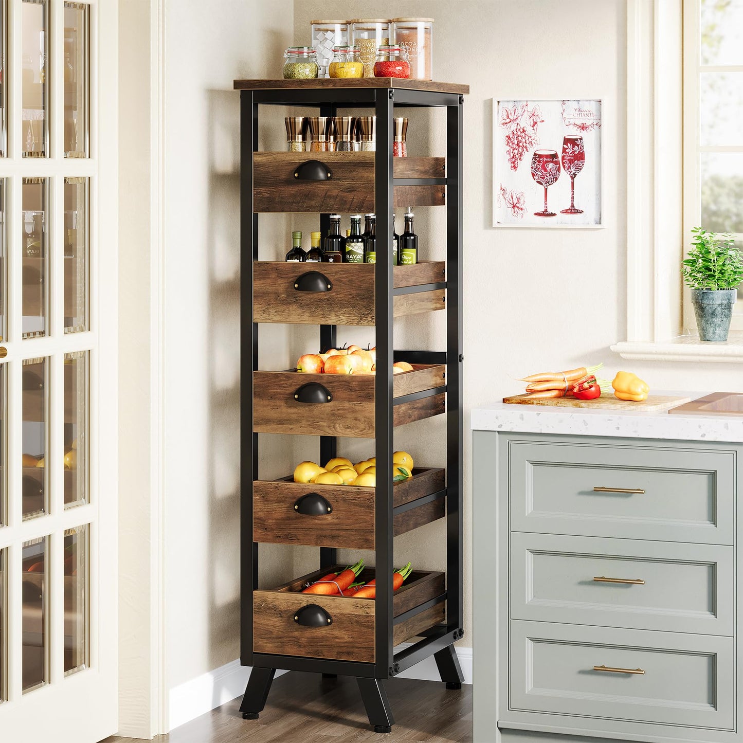 Tribesigns Wood Fruit and Vegetable Storage Rack, 5-Tier Narrow Snack Stand Kitchen Stand Fruit Basket, Pull-Out Utility Organizer for Kitchen, Living Room, Rustic Brown