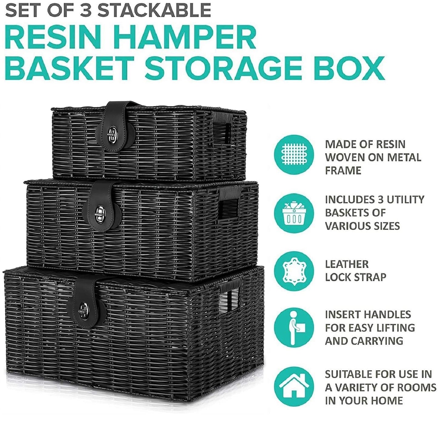 Homepeaz Set of 3 Woven Wicker Storage Basket Box with Lids & Lock, Built-in Carry Handles, Multifunctional Storage Organizer for Nursery, Baby, Clothes, Toys, Books, Large/Medium/Small Size (Black)