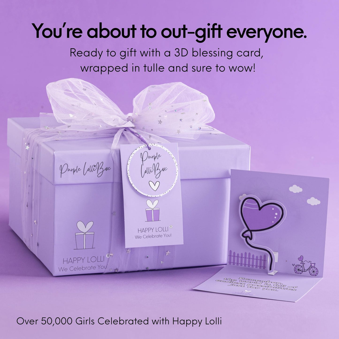 HAPPY LOLLI Purple LolliBox Gift Set for Tween & Teen Girls Ages 8–15, Birthday Gift Box, Ready-to-Gift Surprise Box with 8 Individually Wrapped Gifts & Empowering Challenges