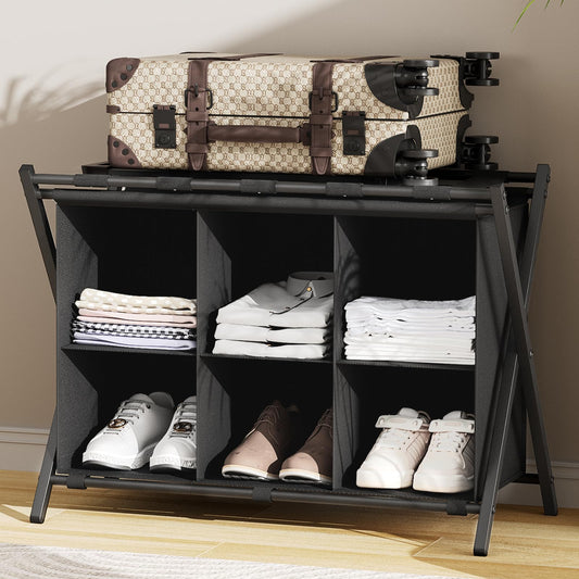 Huhote Luggage Rack for Guest Room, Folding Suitcase Stand with 6-Cube Fabric Storage Shelf, Luggage Holder, Steel Foldable Luggage Stand for Guest Room, Bedroom, Hotel, Black