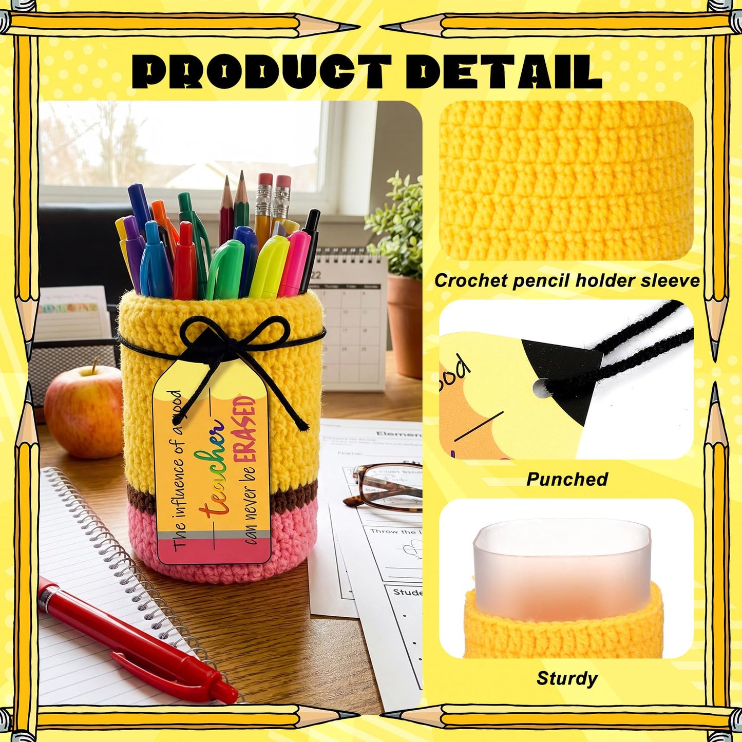 Rivvlive 6 Set Crochet Teacher Appreciation Gift Pencil Holder with Positive Card Classroom Desk Stationery Storage Organizer Thank You Gifts for Teachers Educator Staff Office School Supplies
