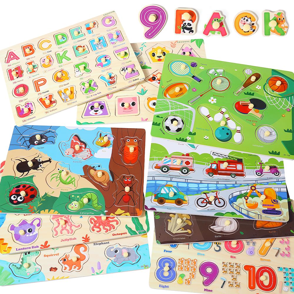 GRINNNIE 9 Pack Montessori Toddler Puzzle for 3 4 5 Years Old, Wooden Learning Puzzle for Toddlers 3-5, Animal, Alphabet, Number, Shape Peg Puzzles Set, Great Birthday for Boys Girls