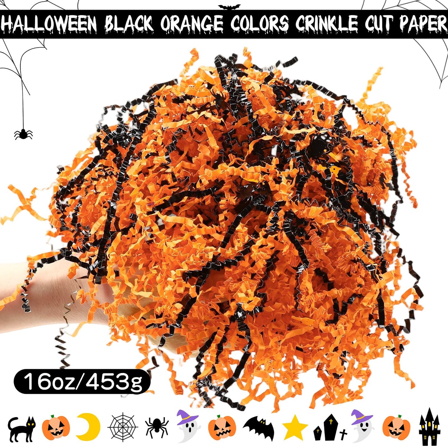 Jansun Halloween Black Orange Crinkle Cut Paper, 453g/16oz Shred Filler with Pumpkin Spider Bat Witch Confetti for Gift Wrapping Craft DIY Basket Filling Trick or Treat Candy Decorations