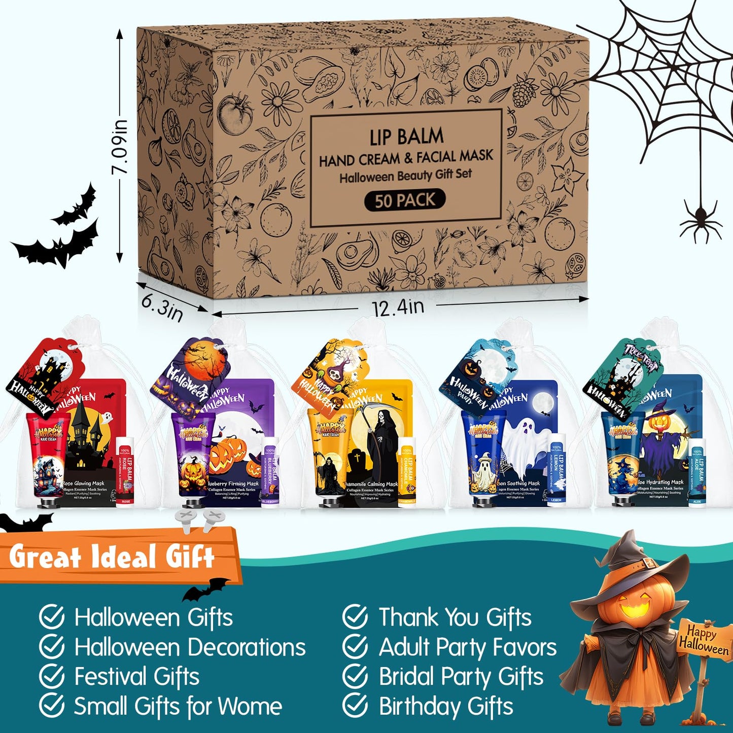 50 Pack Halloween Hand Cream, Facial Mask and Lip Balm Set, Bulk Halloween Gifts for Women, Halloween Decorations, Halloween Party Favors, Halloween Basket Stuffers and Halloween Skincare