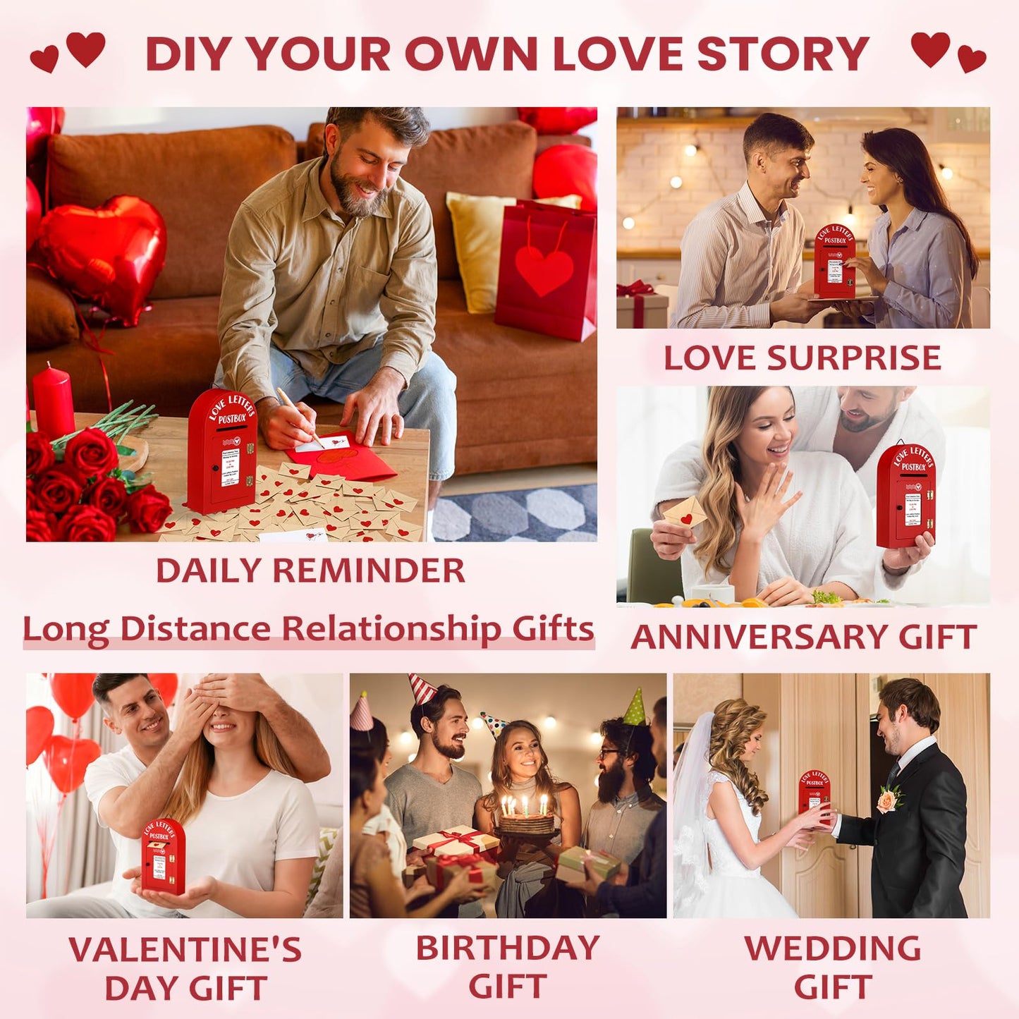 Faccito Romantic Love Postbox with 60 Mini Love Notes and Envelopes Loveletters for Mother's Day Him Long Distance Relationship Gifts for Husband Boyfriend Couple Mother's Gifts(Red,Classic)