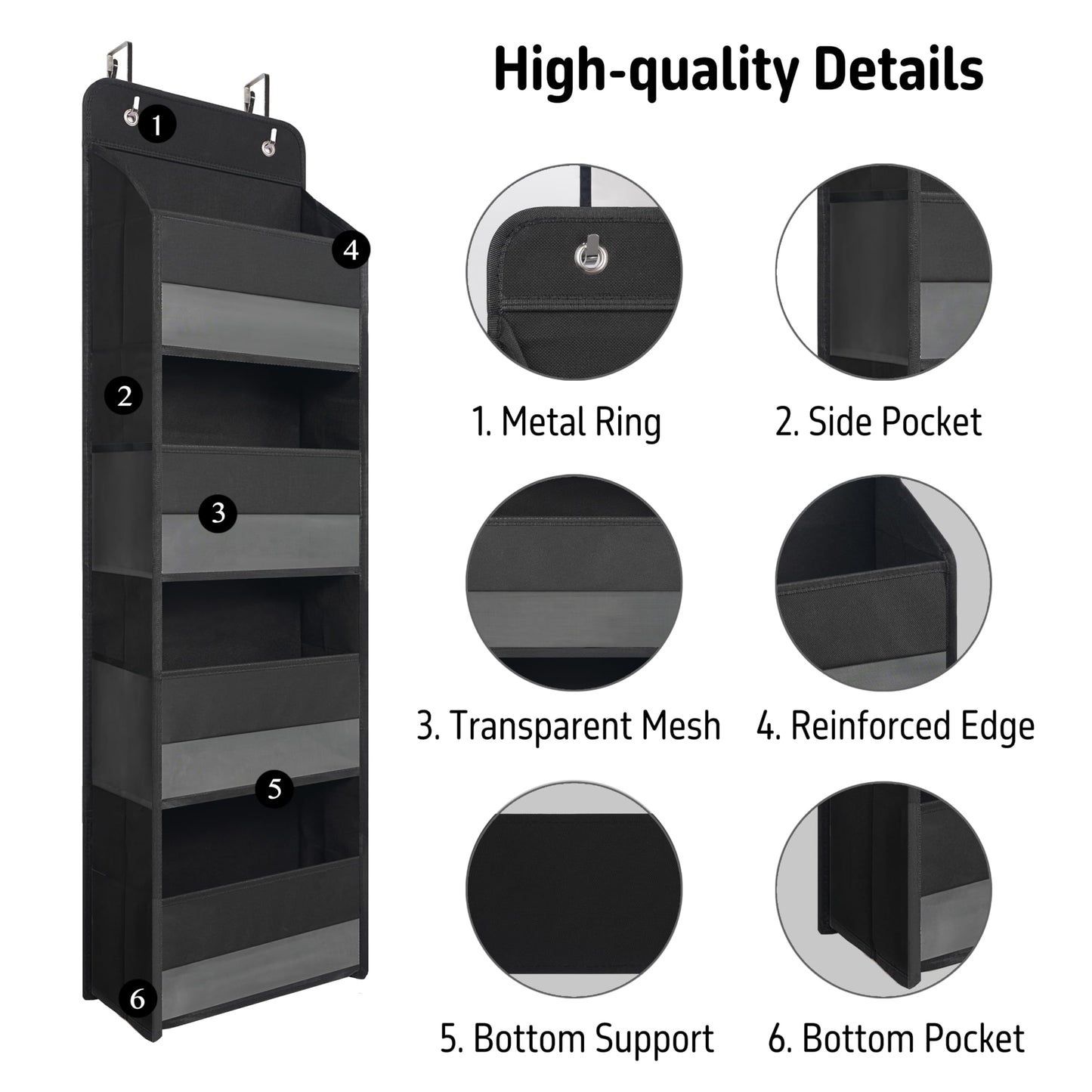 TYMENSH Over The Door Hanging Organizer with 4 Large Pockets – Closet, Bathroom, Nursery, Bedroom, Dorm Storage for Toys, Cosmetics, and Baby Essentials, Black