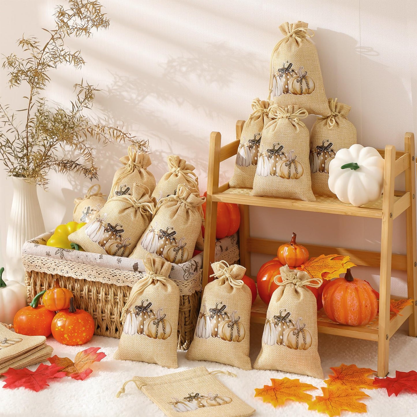 SATINIOR 50 Pcs Fall Thanksgiving Treat Bags Pumpkin Burlap Gift Goodie Bags with Double Jute Drawstrings Linen Candy Pouch 4 x 6'' for Autumn Harvest Holidays Party Favor