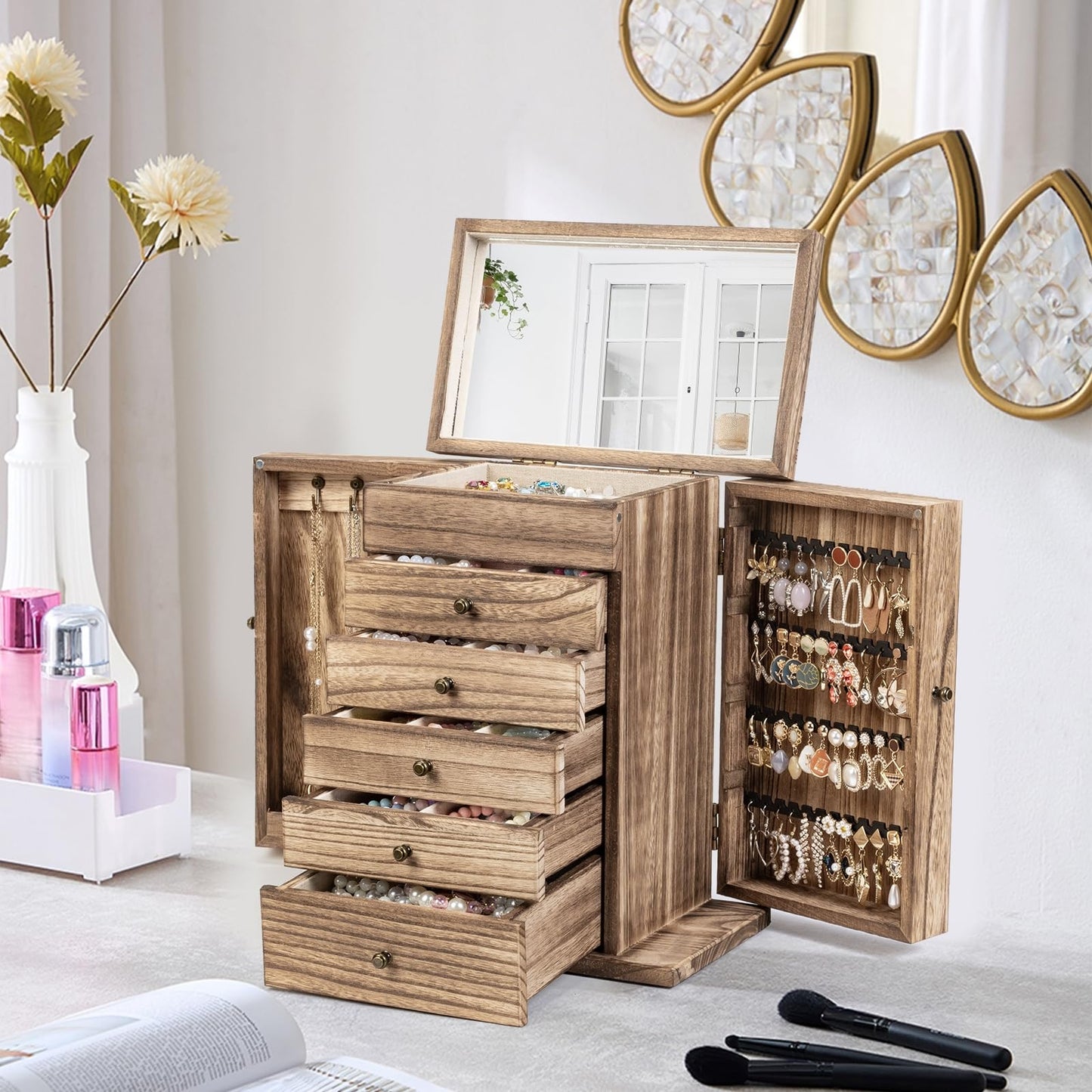 Emfogo Wooden Jewelry Box for Women, 6-Tier Large Jewelry Organizer Boxes with Mirror Rustic Solid Wood jewlery Storage Display for Rings Earrings Necklaces Bracelets watches(Carbonized Brown)