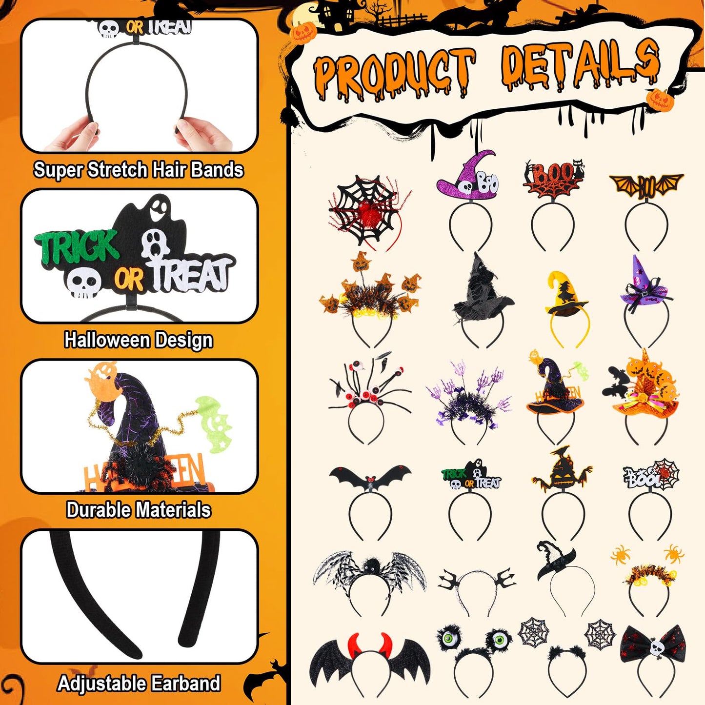 Lyrow Halloween Headbands Bulk for Women Halloween Witch Hat, Spiderweb, Bat, Ghost, Eyeballs, Boo Headwear Photo Booth Props for Women Adult Cosplay Costume(24 Pcs,Fresh Style)
