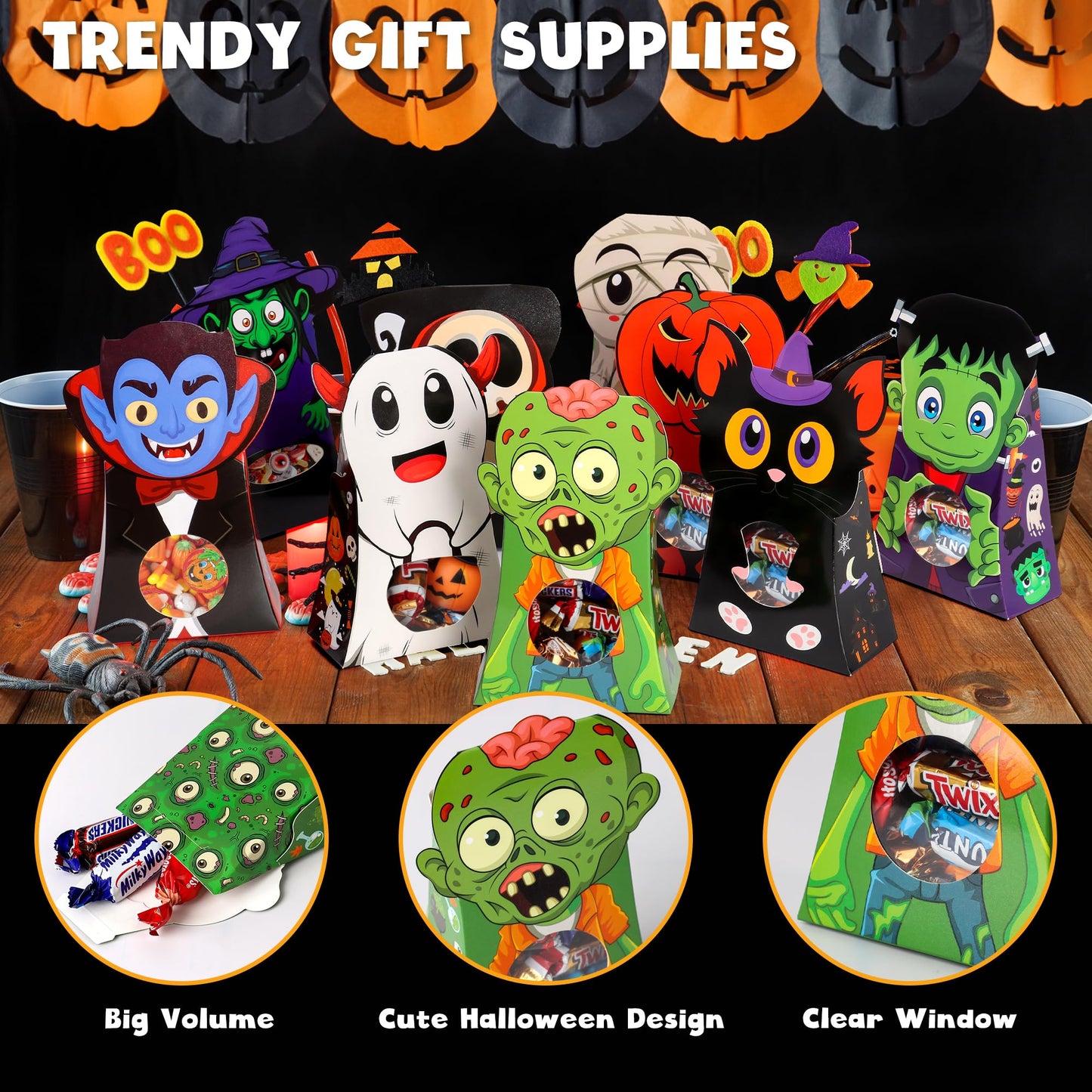 Giiffu 54-Pack Halloween Treat Boxes with Clear Window - 9 Designs Trick or Treat Candy Bags for Kids Party Favors Supplies, Classroom Exchange (6 x 4 x 2 Inches)