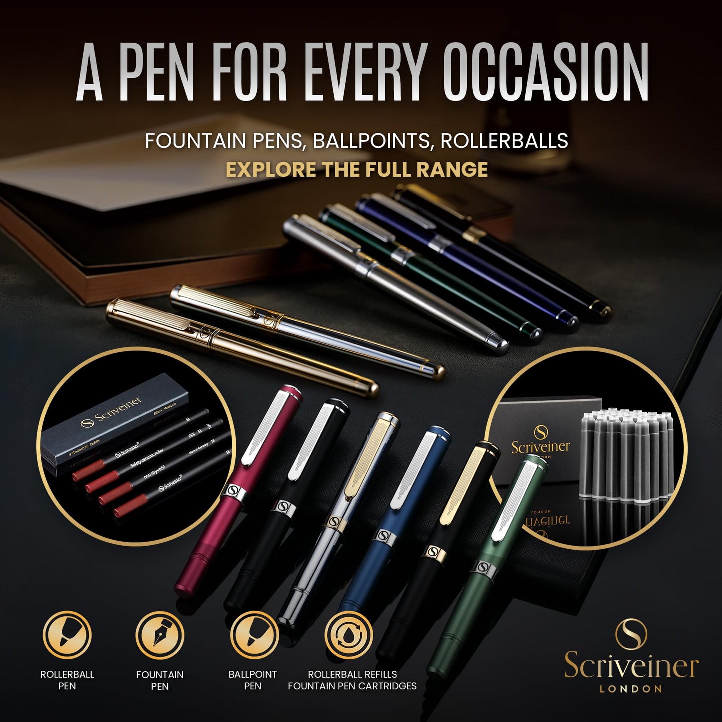 Scriveiner Brass EDC Luxury Rollerball Pen, Stunning Heavy Pocket Rollerball, Hand Brushed Bronze Finish, Best Writing Gift for Men, Women, German Schmidt Refill, Fancy Office & Designer Pen
