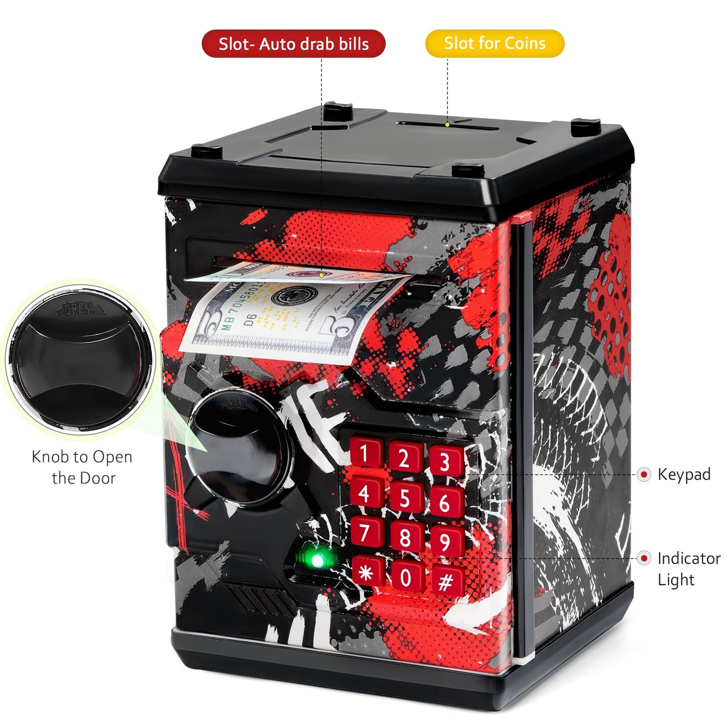ATM Piggy Bank for Boys Girls, Vcertcpl Mini ATM Coin Bank Money Saving Box with Password, Kids Safe Money Jar for Adults with Auto Grab Bill Slot, Great Gift Toy Bank for Kids