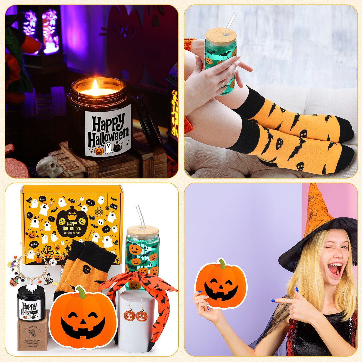 Daifunli Halloween Basket Stuffers for Women Teen Girls 8 Pcs Cute Halloween Boo Gift Set for Adult with 17oz Tumbler Glass Cups with Lids and Straws Scented Candle Spooky Socks and Self Spa Gift