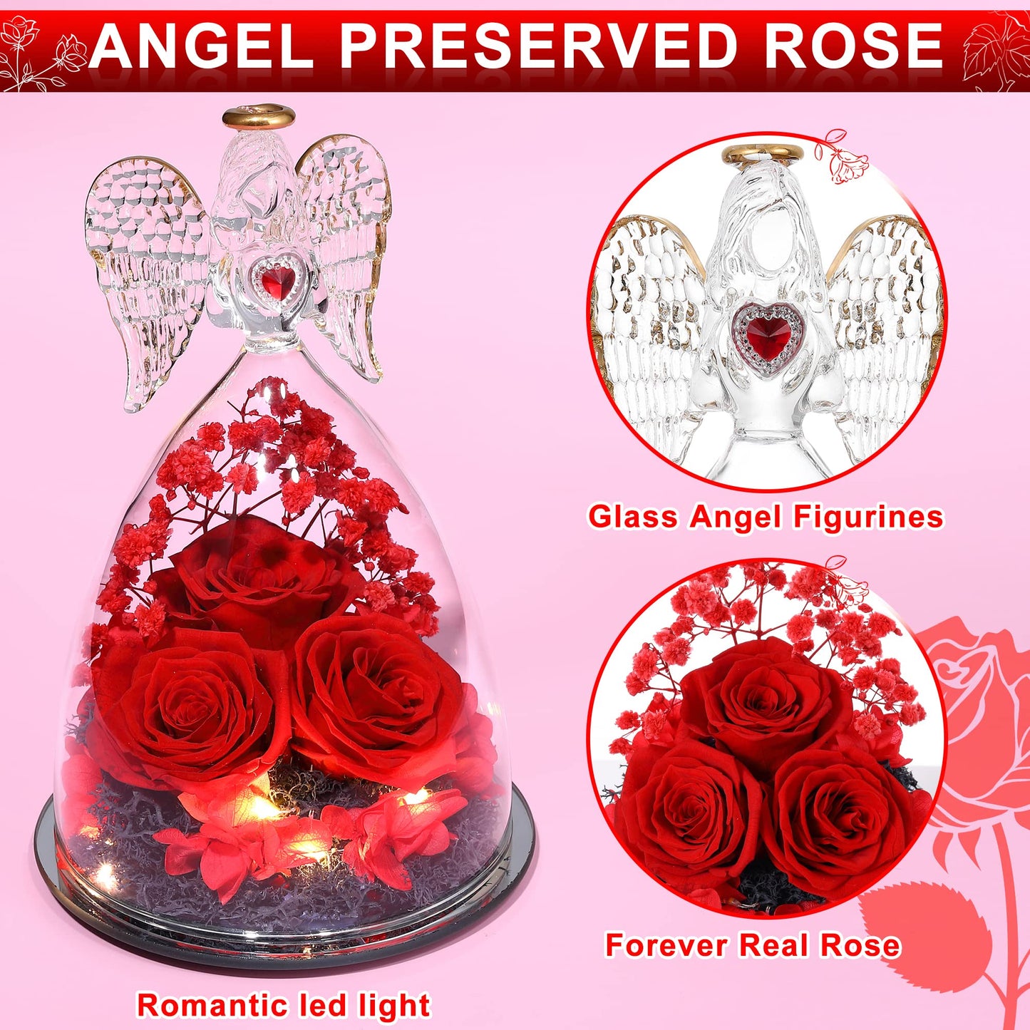 Tiaronics Mothers Day Rose Gifts for Women, Large Angel Figurines with Real Roses, Preserved Real Flower Rose for Her - Red