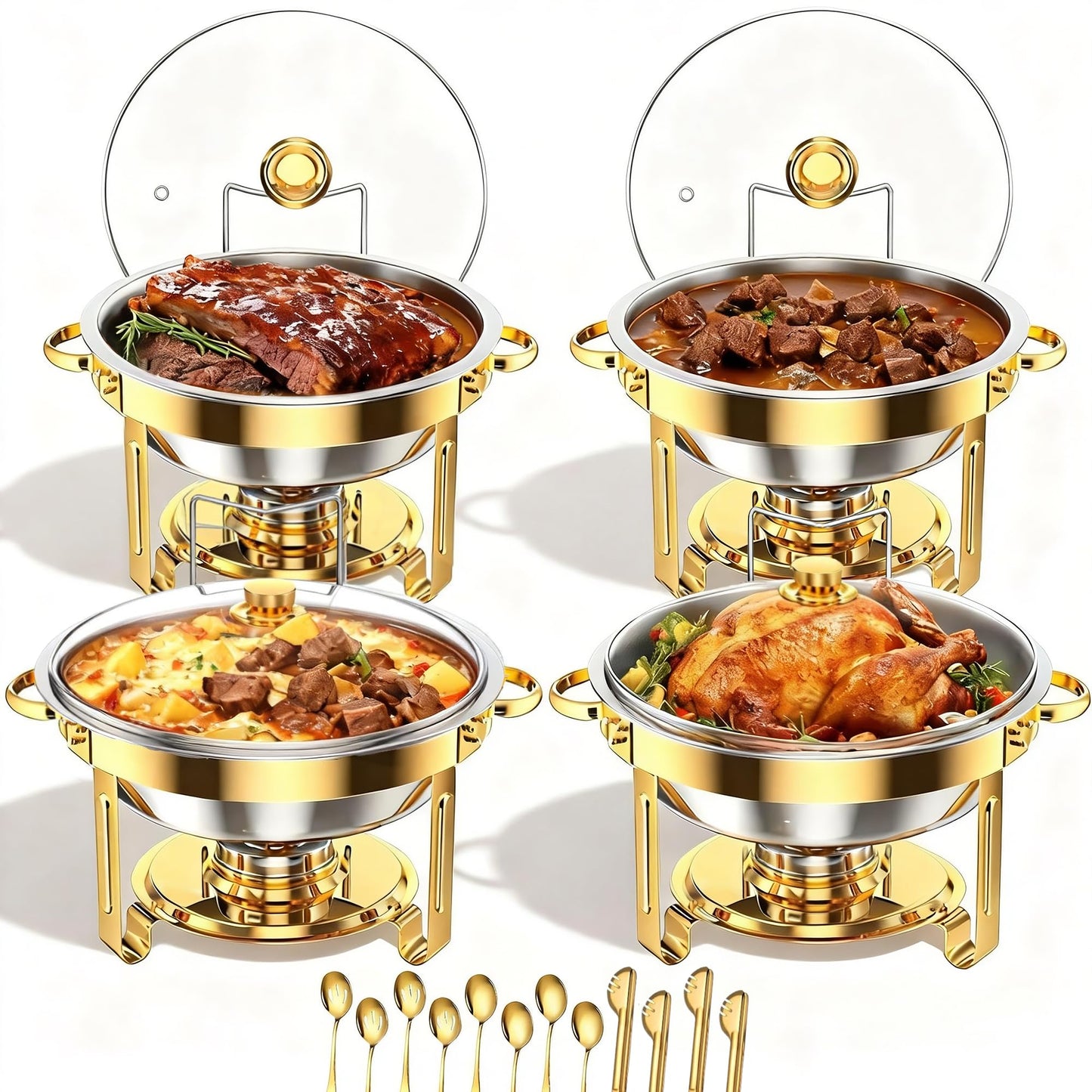 4 Pack Gold Round Chafing Dishes for Buffet, 5 QT Food Warmers and Cold Food Server for Parties, Events Hosting, Family Gatherings, Full Set Catering Supplies with Serving Utensils Accessories