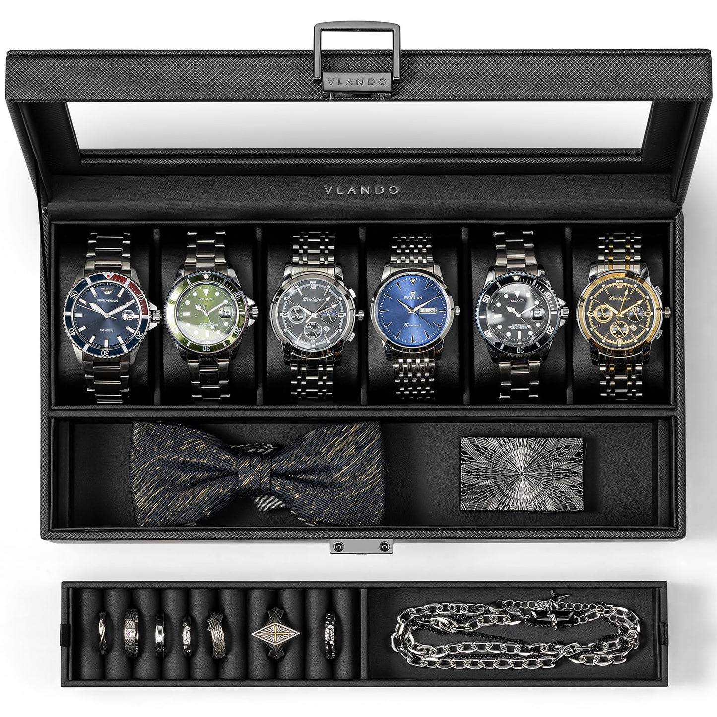 Vlando 6-Slot Watch Case for Men, Watch Box with Glass Lid, Storage for Rings, Keys, Business Textured Leather Organizer Display Case, Soft Pillow, Gifts for Fathers, Dad, Husband - Black