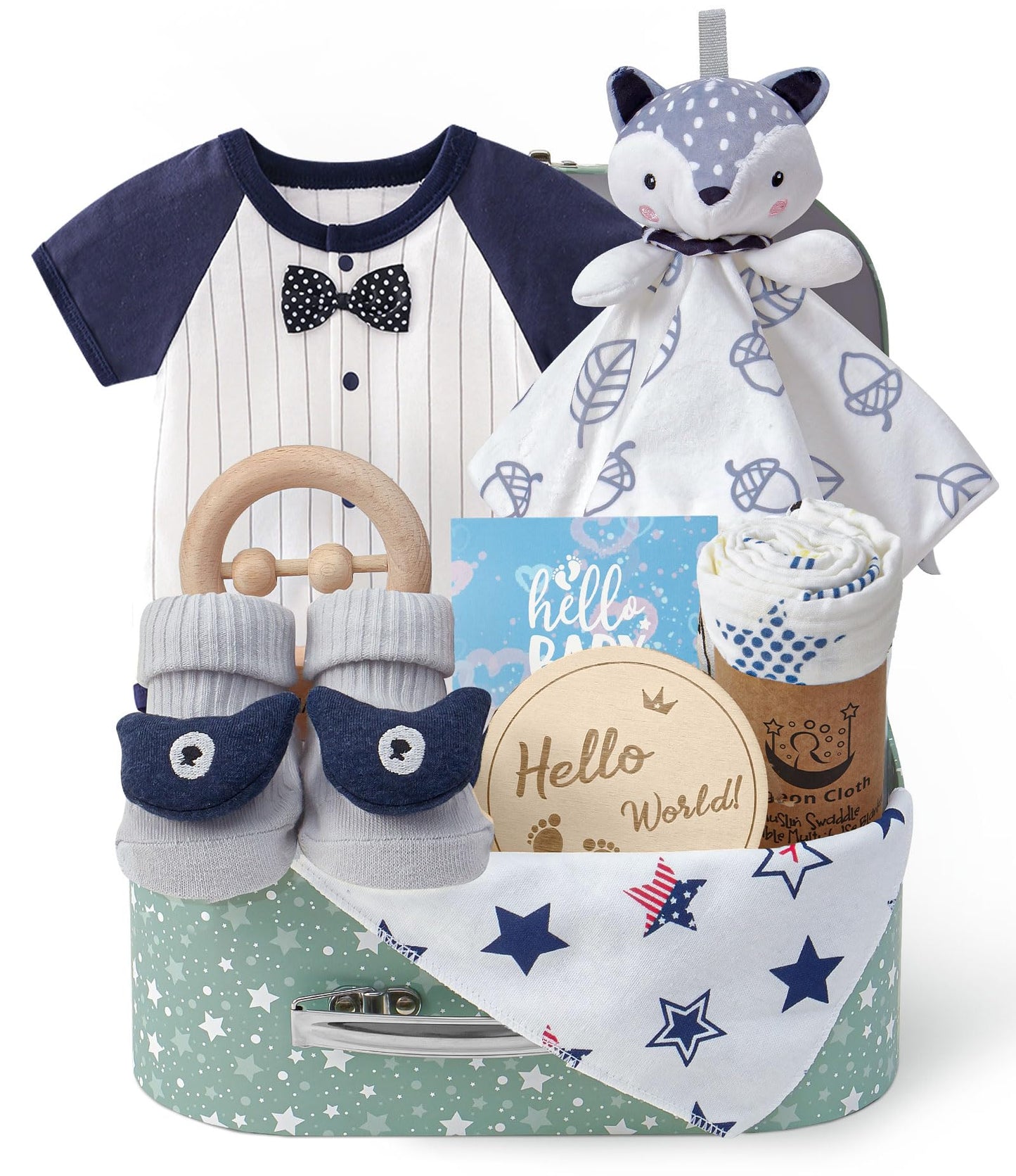 Golray Baby Boy Gifts for Baby Shower, 9pcs Newborn Essential with Fox Lovey/Blanket/Onesie/Wooden Rattle/Socks/Bib/Suitcase, Welcome Baby Gift Box Gender Reveal Infant Boy Gift Basket Set 0-6 Month