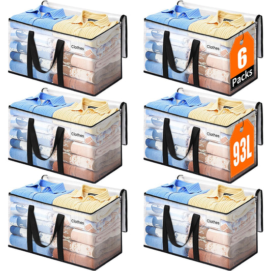 EpicTotes Extra Large Heavy Duty Moving Bags, Storage Bags with Strong Zippers & Handles, Packing Bags for Moving Essentials, Ideal Storage Tote for Home, Dorm & Storage Solutions, 93L, 6 Packs, Clear
