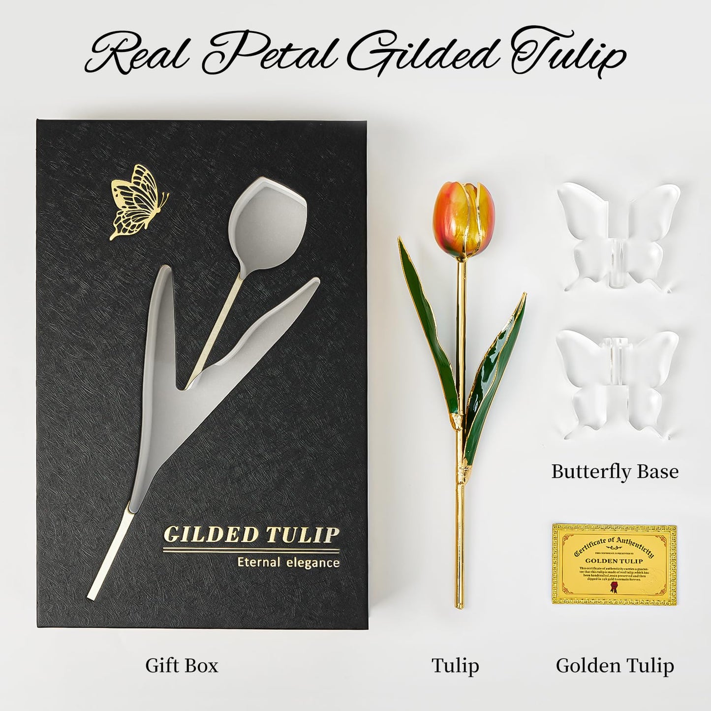 Mikasol 24K Gold Dipped Real Tulip – Amber Glow, Warm Forever Flower with Book-Style Gift Box & Butterfly Stand, Perfect for Her, Wife, Mom, Birthday, Anniversary