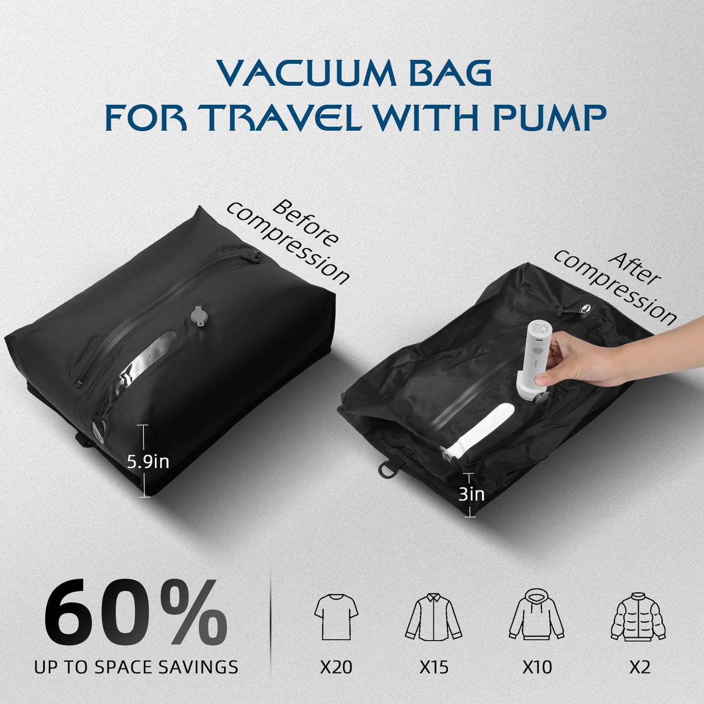 TOLDATLI Vacuum Travel Bags With Pump,Vacuum Seal Bags For Clothing Travel,Ip67 Waterproof Vacuum Bags For Travel,Compression Packing Cubes With Suitcase, Luggage,Backpack (2pcs + Pump+Shoe Bags)