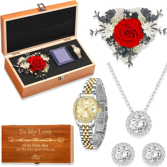 Birthday Gifts for Women-Preserved Roses Jewelry Set 925 Sterling Silver Necklace Earrings,Watches for Women,Wooden Jewelry Organizer-Mother’s Day, Anniversary,Thanksgiving,Christmas,Graduation Gifts (interior and LOVE words)