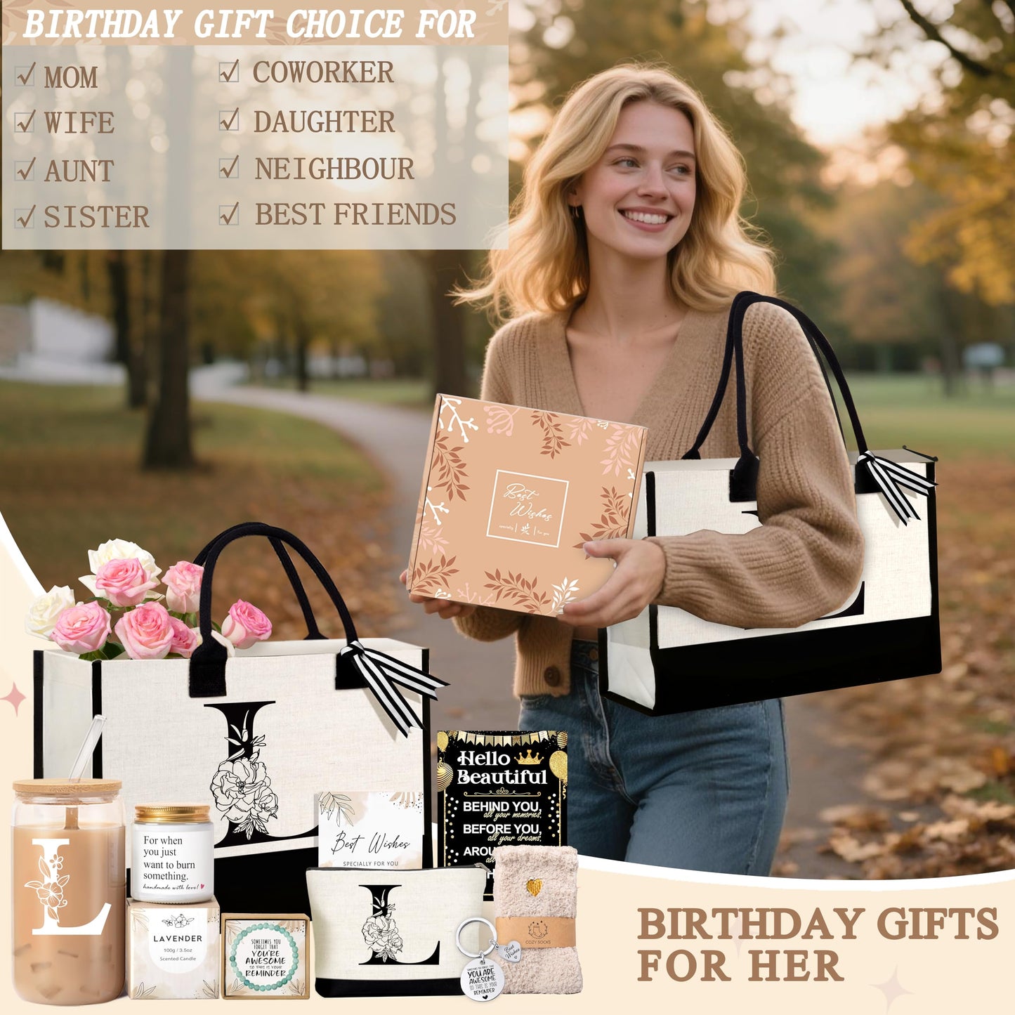 Lepiche Birthday Gifts for Women, Monogrammed Initial Gift for Teacher Wife Mom, Tote Bag,Glass Cup Gift Basket Personalized Christmas Mother's Teacher Appreciation Day,L